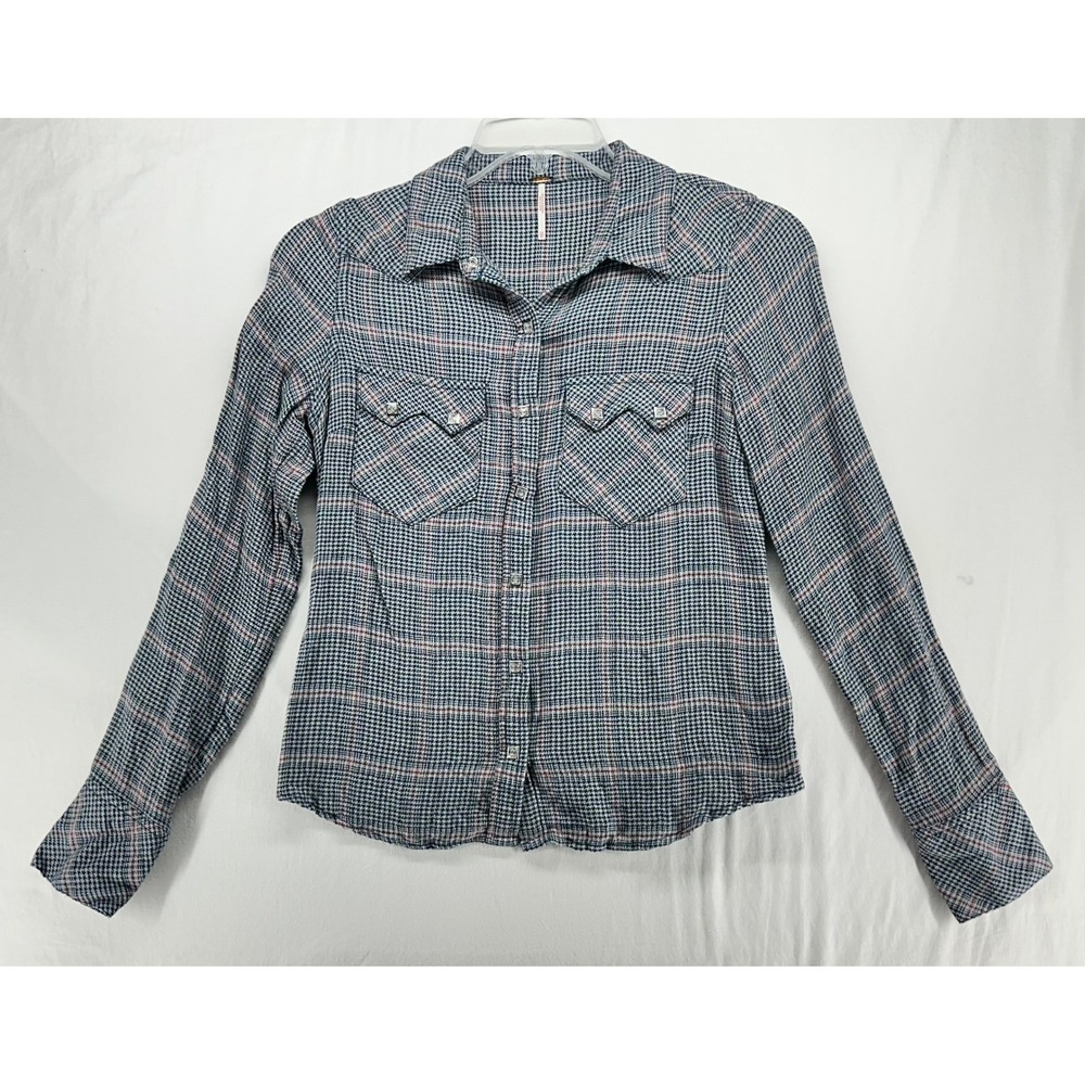 Free People Womens XS Plaid Western Houndstooth Snap Button Wool Blend Shirt